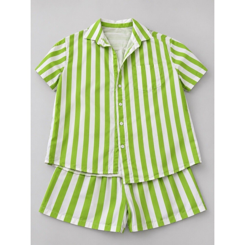 Womens XL Green White Striped 2 Piece Shirt Shorts Matching Set Summer Vacation